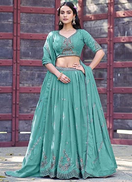 Graceful Sky Blue Georgette Zari Sequins Embroidered Resham Umbrella Lehenga
