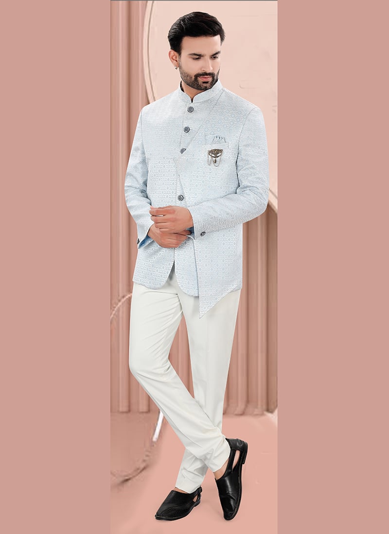 Graceful Sky Blue Jacquard Embroidered Sequins Bandhgala Suit Wedding Wear