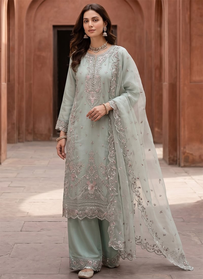 Graceful Sky Blue Organza Silk Embroidered Sequins Stones Zari Palazzo Suit After Six Wear