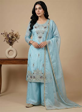 Graceful Sky Blue Silk Embroidered Sequins Palazzo Suit