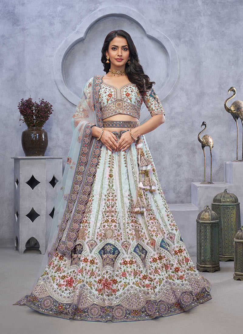 Graceful Sky Blue Silk Zarkan Embroidered Beads And Stone Sequins Lehenga Wedding Wear