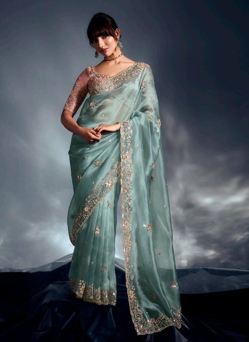 Graceful Sky Blue Tissue Moti Sequins Saree Wedding Wear