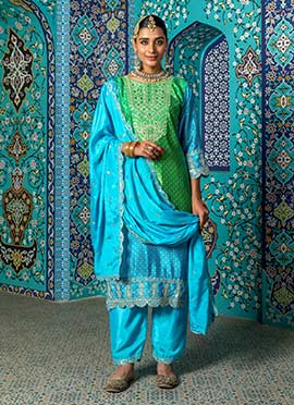 Graceful Sky Blue Viscose Bandhini Print Zari Sequins Straight Pant Suit
