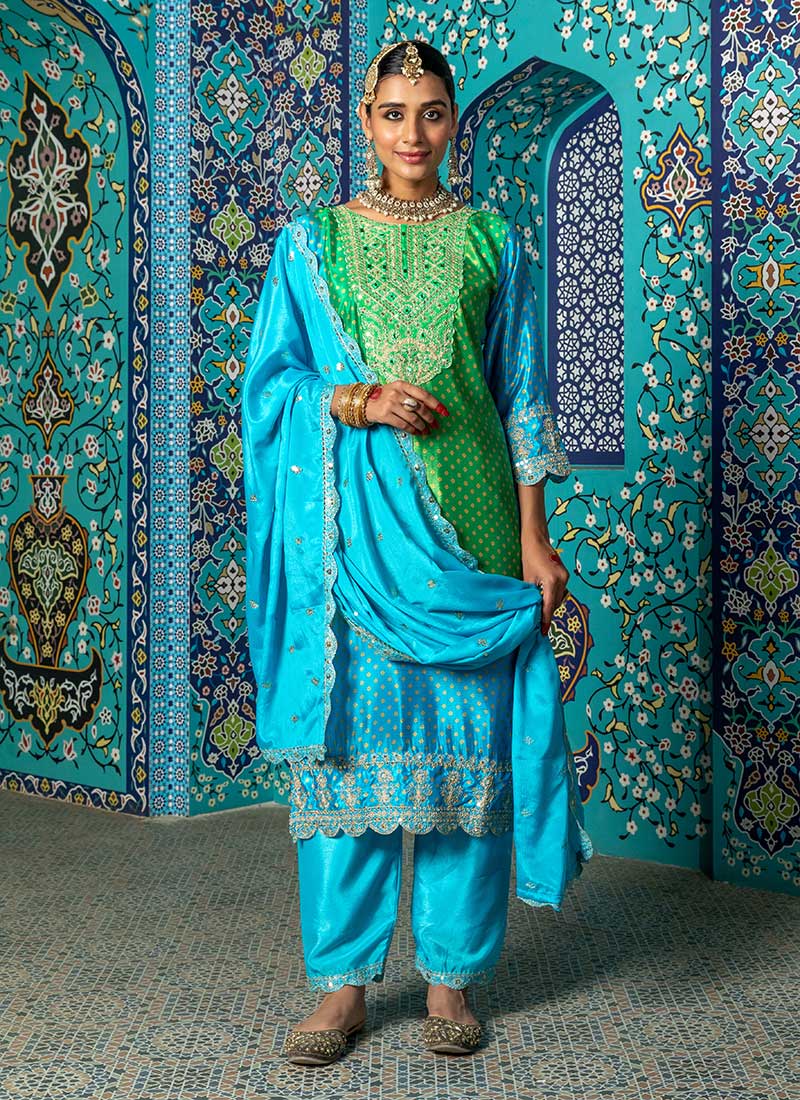 Graceful Sky Blue Viscose Bandhini Print Zari Sequins Straight Pant Suit Festive Wear