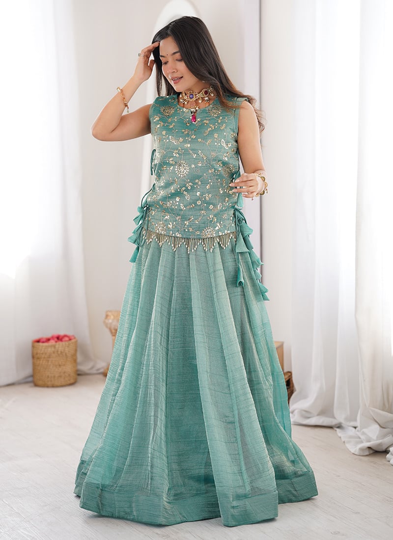 Graceful Sky Crush Embroidered Sequins Moti Zari Indowestern Suit Set Festive Wear