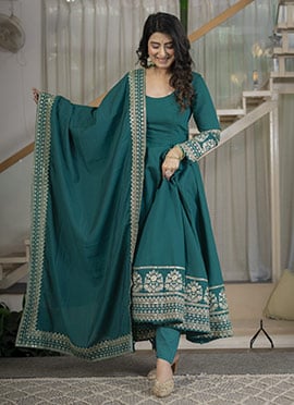 Graceful Teal  Roman Cotton Silk Embroidered Sequins Anarkali Suit
