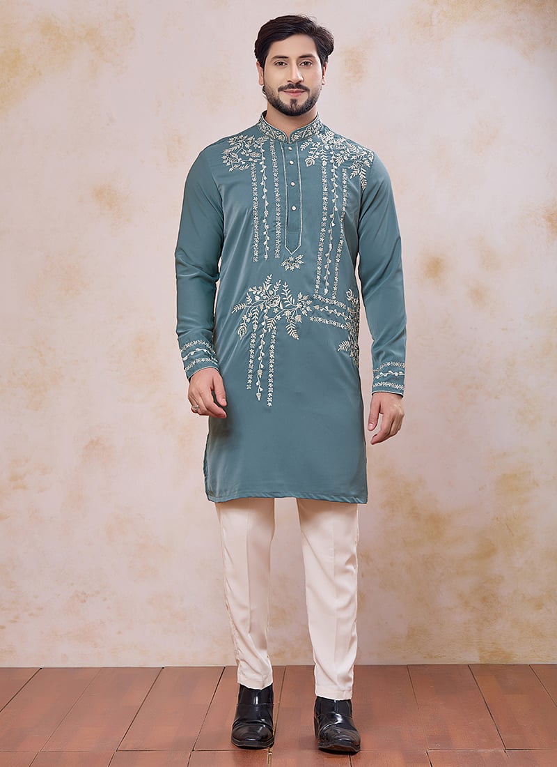 Graceful Teal Armani Embroidered Thread Mirror Work Kurta Pyjama Festive Wear