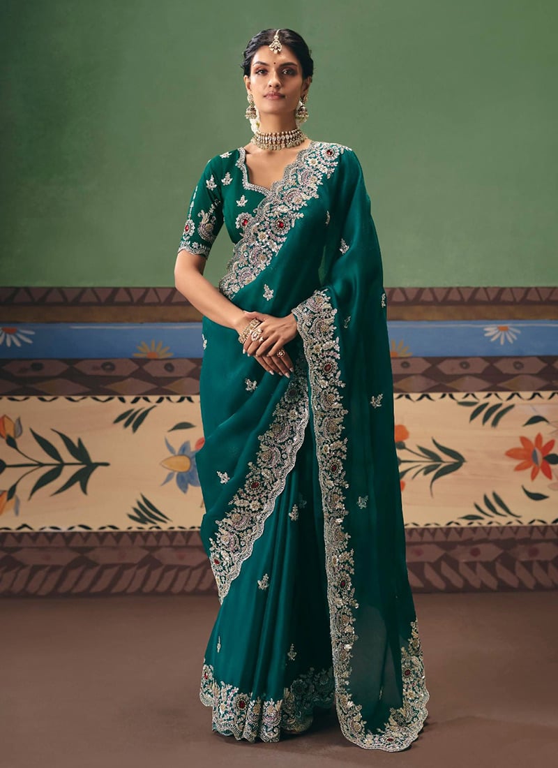 Graceful Teal Art Silk Embroidered Sequins Stones Beads Saree Wedding Wear