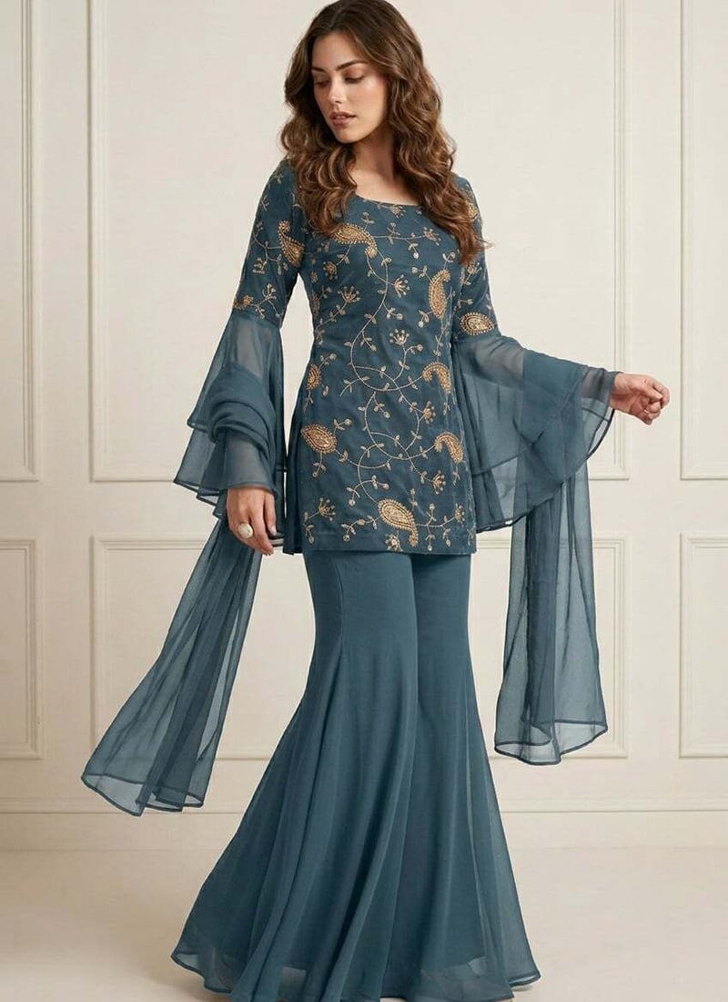 Graceful Teal Blue Art Silk Embroidered Sharara Suit Festive Wear