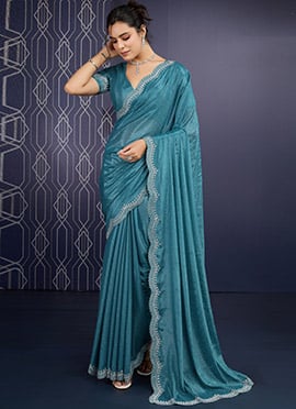 Graceful Teal Blue Faux Georgette Hand Embroidered Tikki Work Saree