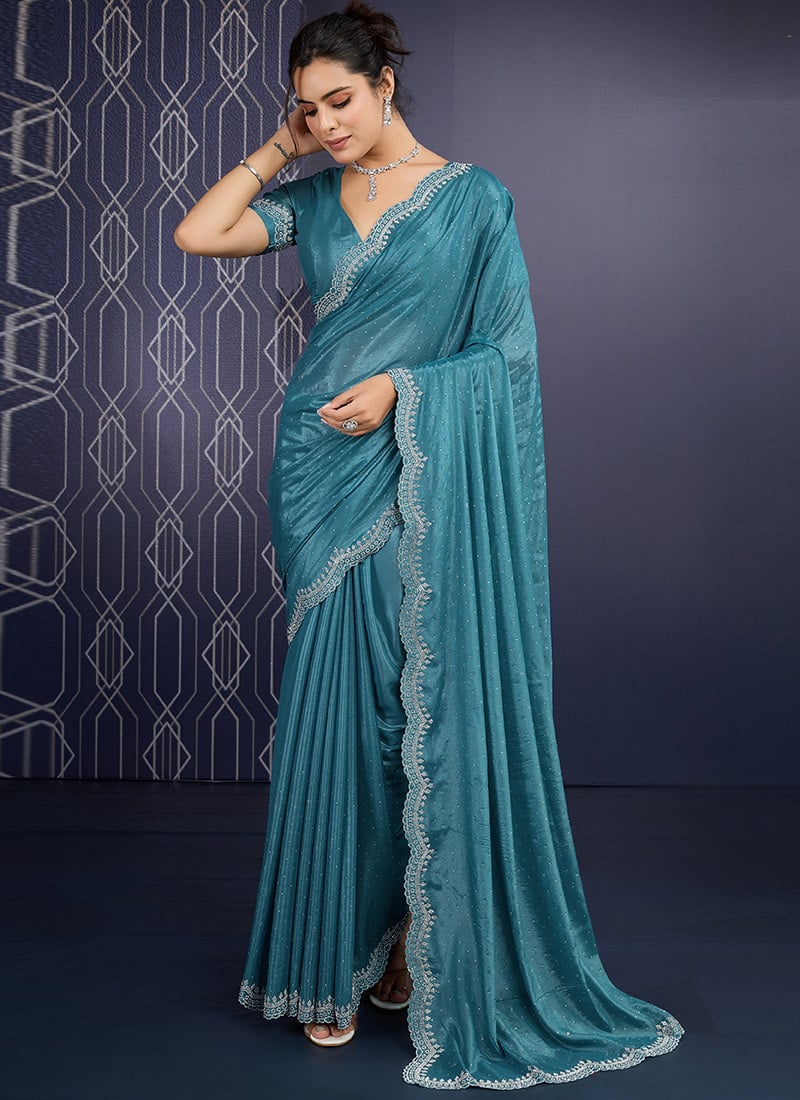 Graceful Teal Blue Faux Georgette Hand Embroidered Tikki Work Saree After Six Wear