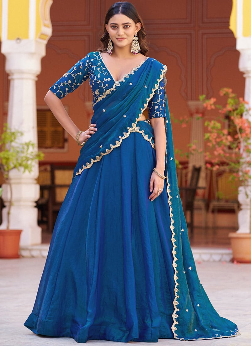 Graceful Teal Blue Fendy Silk Sequence Thread Embroidery Work Umbrella Lehenga After Six Wear