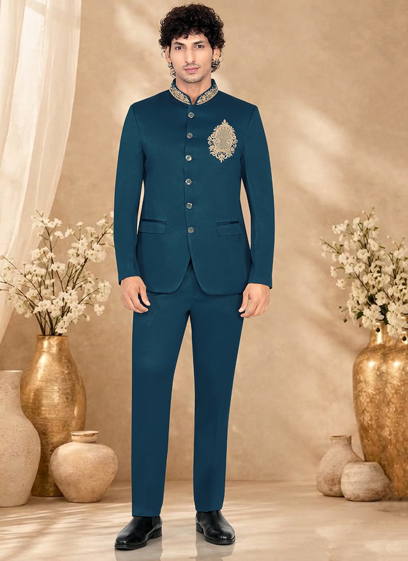 Graceful Teal Blue Rayon Hand Embroidered Bandhgala Suit Wedding Wear