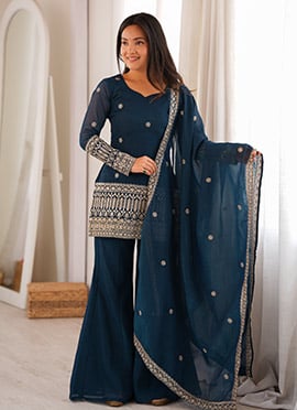 Graceful Teal Blue Silk Embroidered Sequins Zari Palazzo Suit