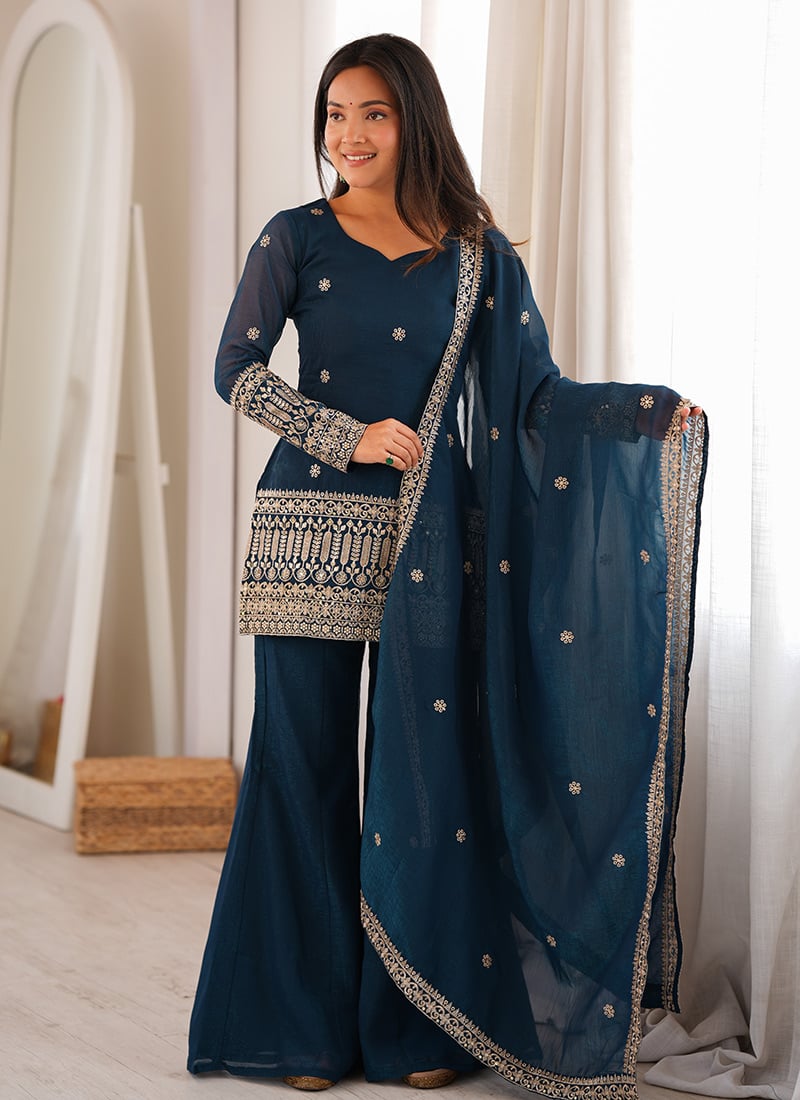 Graceful Teal Blue Silk Embroidered Sequins Zari Palazzo Suit After Six Wear