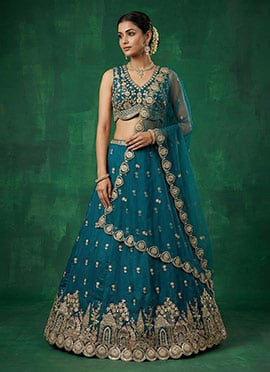 Graceful Teal Chinnon Embroidered Umbrella Lehenga