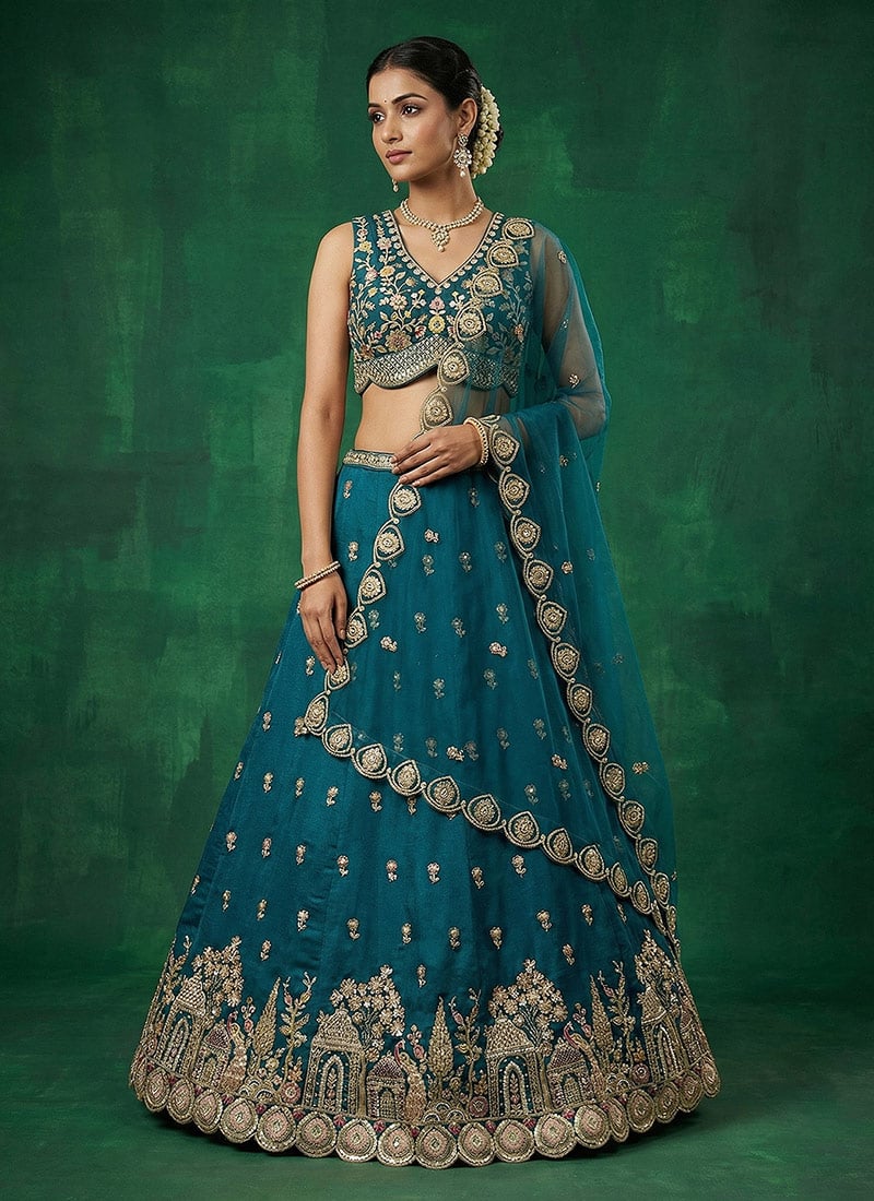 Graceful Teal Chinnon Embroidered Umbrella Lehenga Wedding Wear