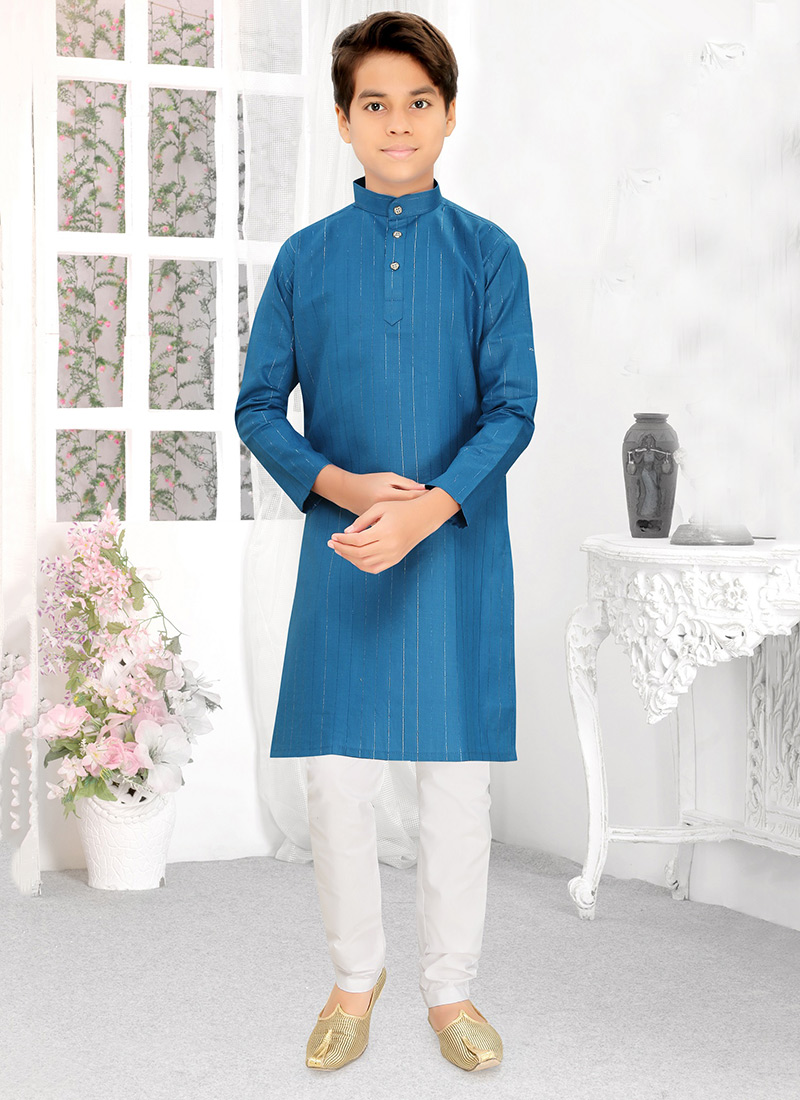 Graceful Teal Cotton Blend Zari Kids Boys Kurta Pyjama Festive Wear