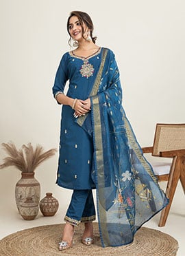 Graceful Teal Cotton Embroidery Sequence Work Straight Pant Suit