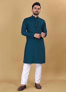Graceful Teal Cotton Rayon Sequins Kurta Pyjama