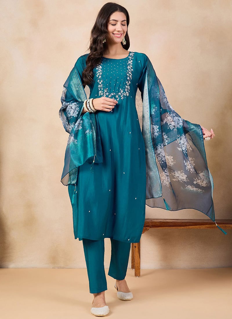 Graceful Teal Embroidered Chanderi Straight Pant Suit With Floral Print Dupatta After Six Wear