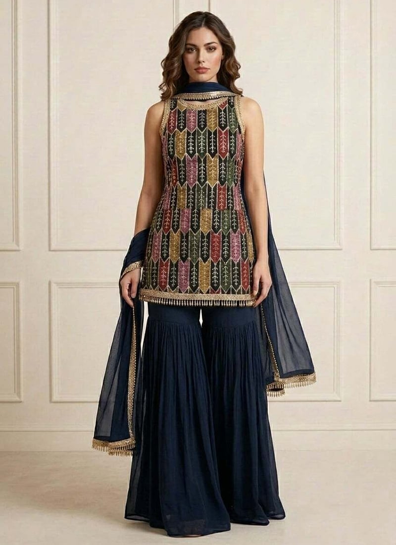 Graceful Teal Faux Georgette Embroidered Sharara Suit Festive Wear