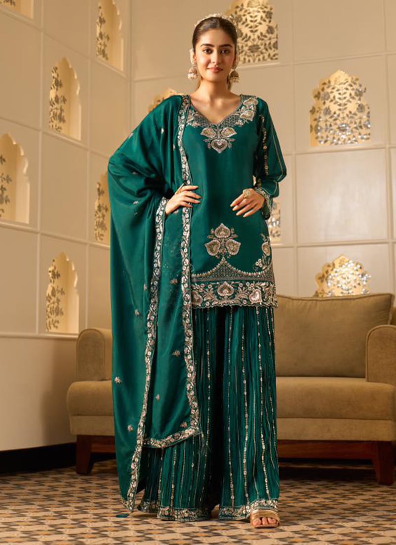 Graceful Teal Georgette Zari Embroidered Sequins Sharara Suit Festive Wear
