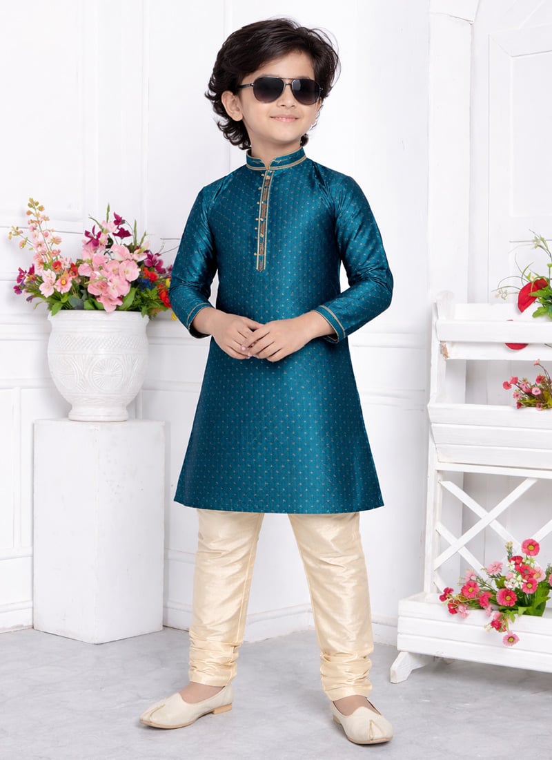 Graceful Teal Green Jacquard Silk Brocade Kids Boys Kurta Pyjama Festive Wear