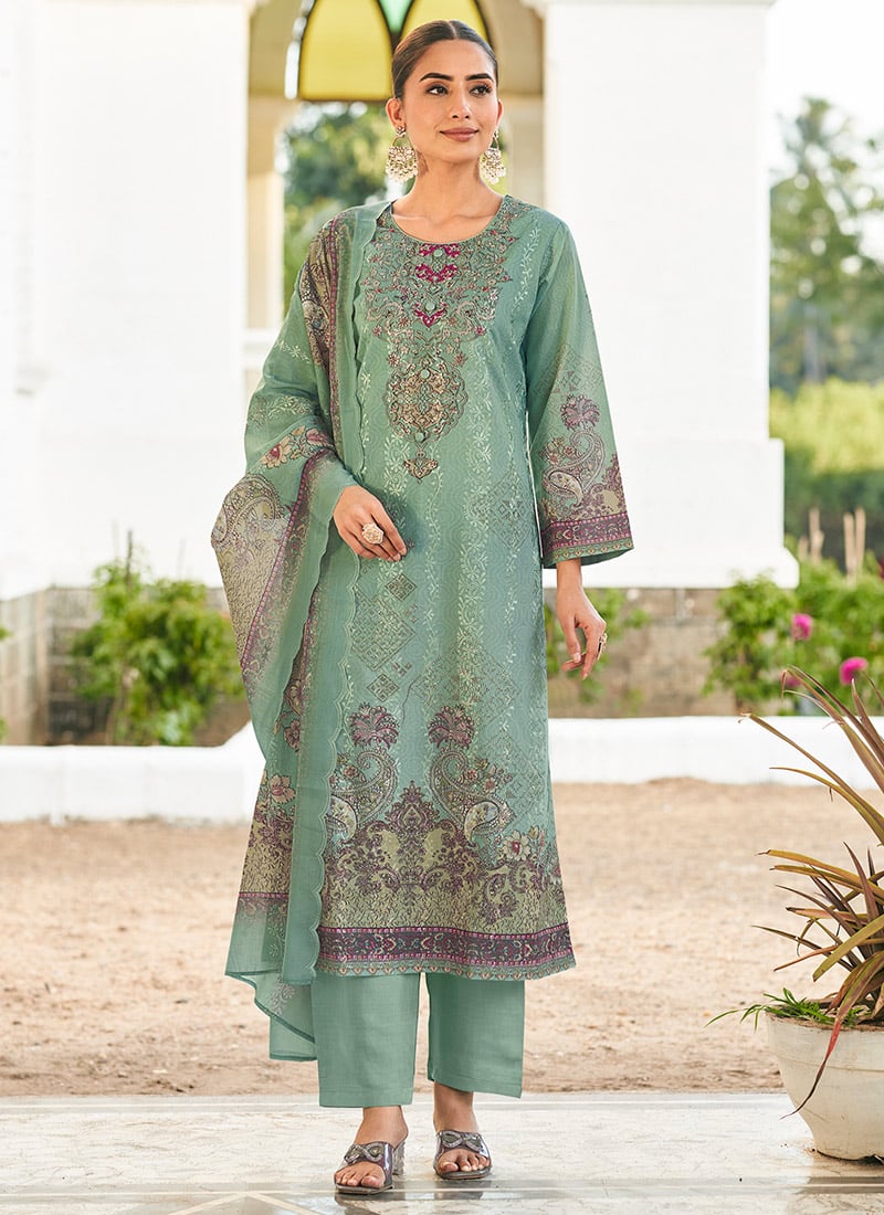 Graceful Teal Lawn Cotton Digital Print Straight Pant Suit After Six Wear