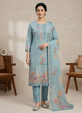 Graceful Teal Linen Shimmer Digital Print Straight Pant Suit