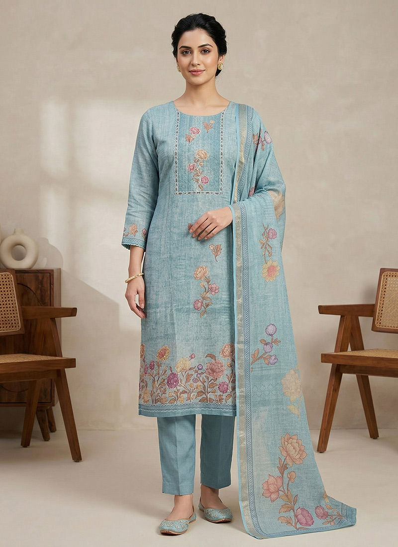 Graceful Teal Linen Shimmer Digital Print Straight Pant Suit After Six Wear