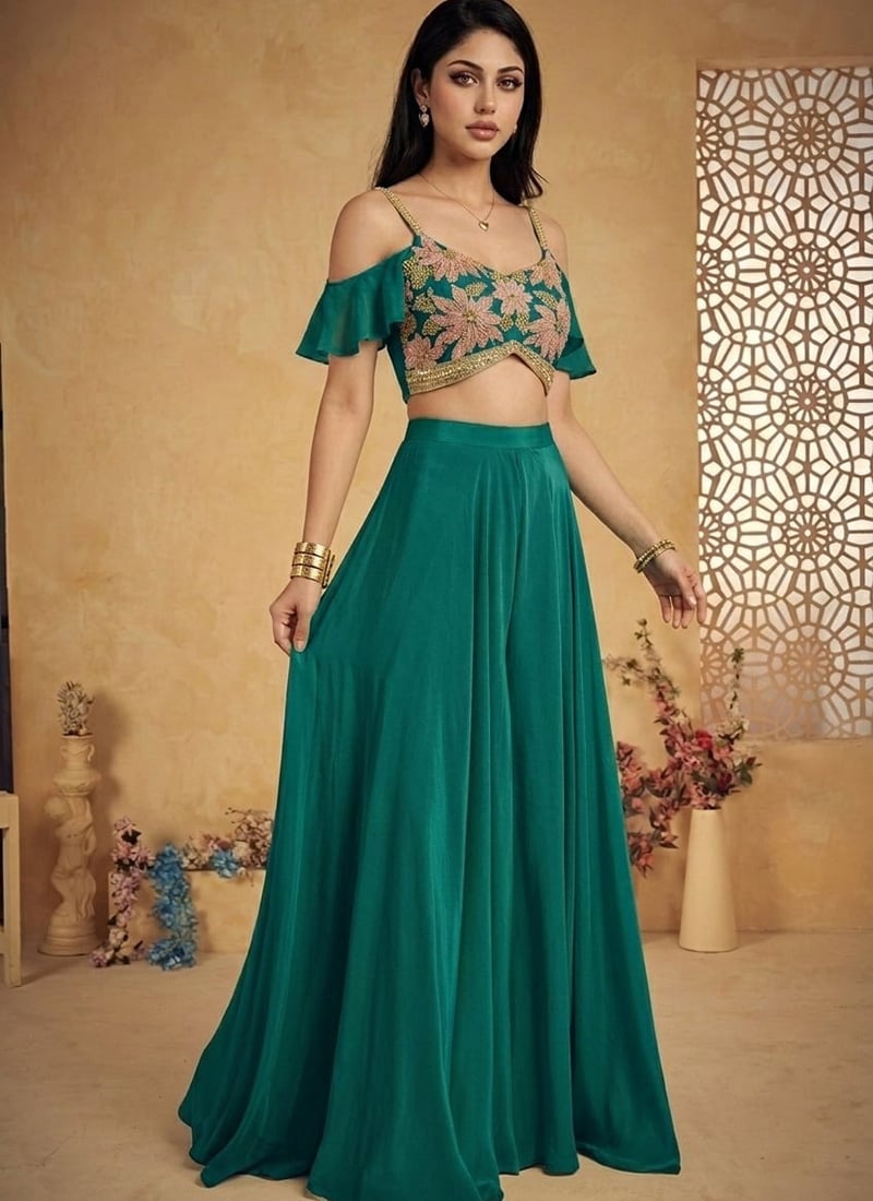 Graceful Teal Silk Beads Sequins Indowestern Set And Suit Wedding Wear