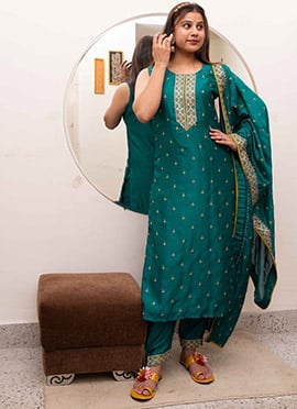 Graceful Teal Silk Embroidered Straight Pant Suit