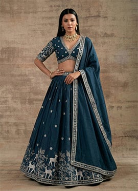 Graceful Teal Super Satin Silk Sequins Zari Embroidered Resham Thread Umbrella Lehenga
