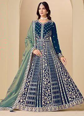 Graceful Teal Velvet Embroidered Sequins Zari Anarkali Suit