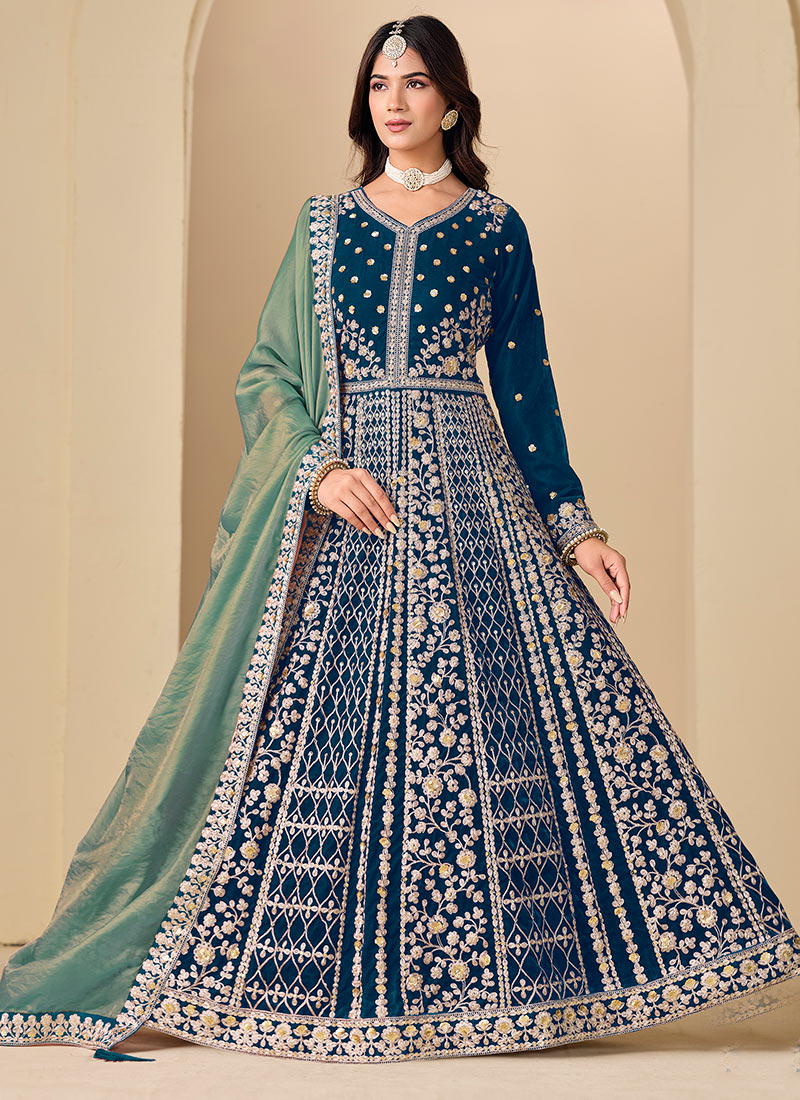 Graceful Teal Velvet Embroidered Sequins Zari Anarkali Suit Wedding Wear