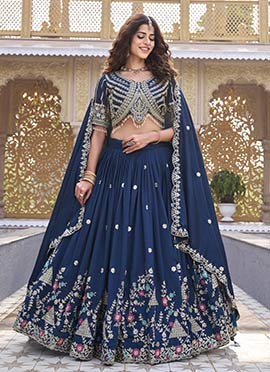 Graceful Teal Vichitra Silk Embroidered Sequins Thread Umbrella Lehenga