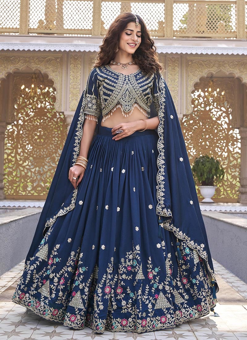 Graceful Teal Vichitra Silk Embroidered Sequins Thread Umbrella Lehenga Wedding Wear