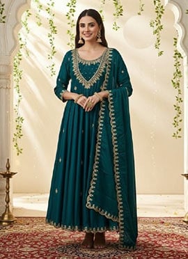 Graceful Teal Vichitra Silk Sequins Embroidered Coding Anarkali Suit