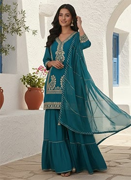 Graceful Teal Vichitra Silk Zari Sequins Embroidered Sharara Suit