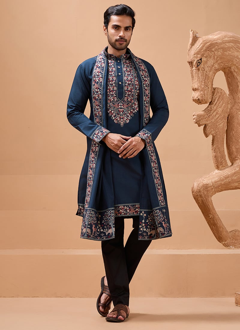 Graceful Teal Viscose Silk Embroidered Sequins Thread Kurta