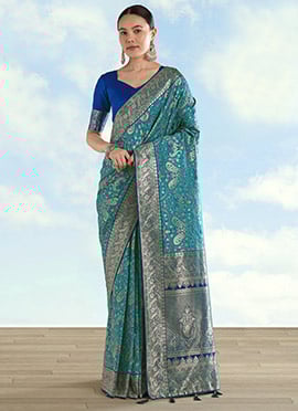 Graceful Turquoise Banarasi Silk Paisley Zari Woven Saree