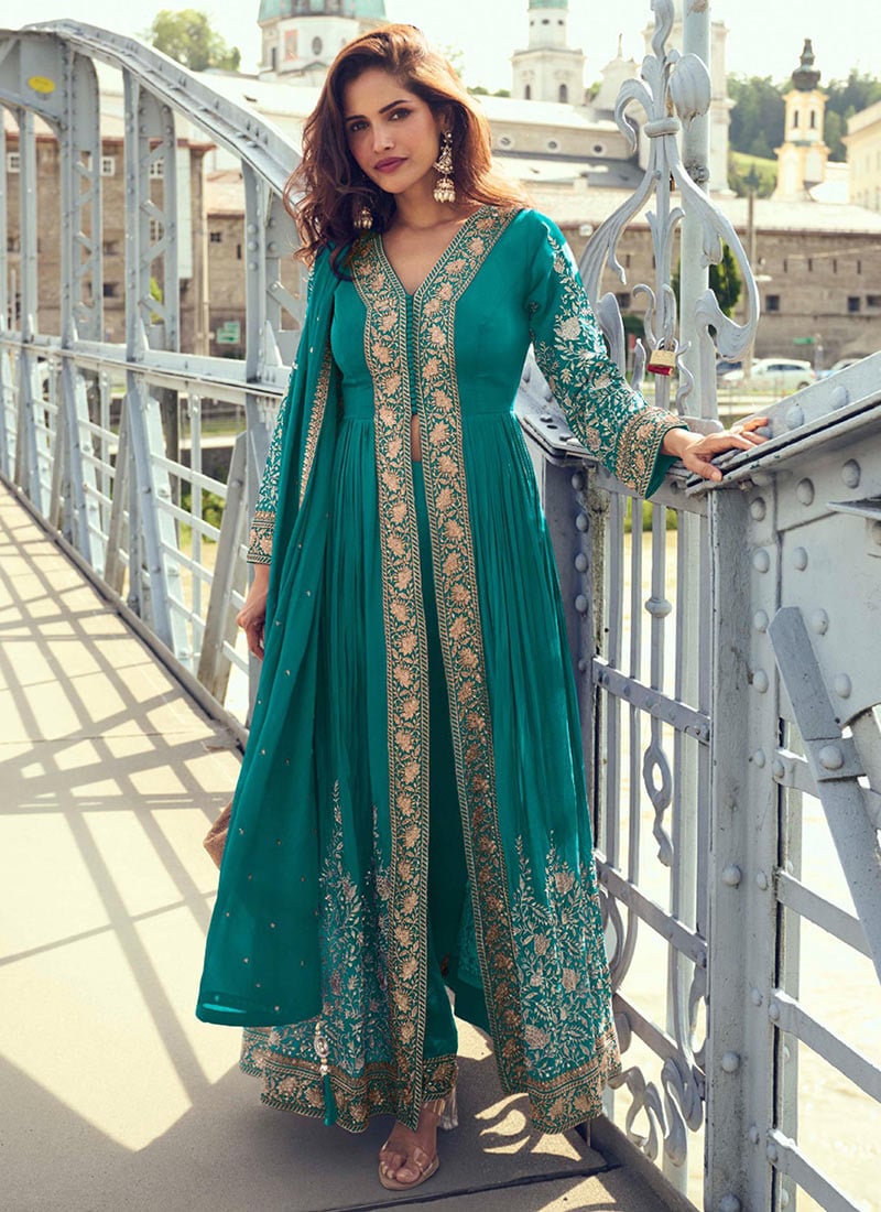 Graceful Turquoise Blue Chinon Embroidered Sequins Anarkali Suit Festive Wear
