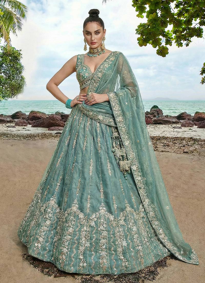 Graceful Turquoise Chiffon Embroidered Umbrella Lehenga Wedding Wear