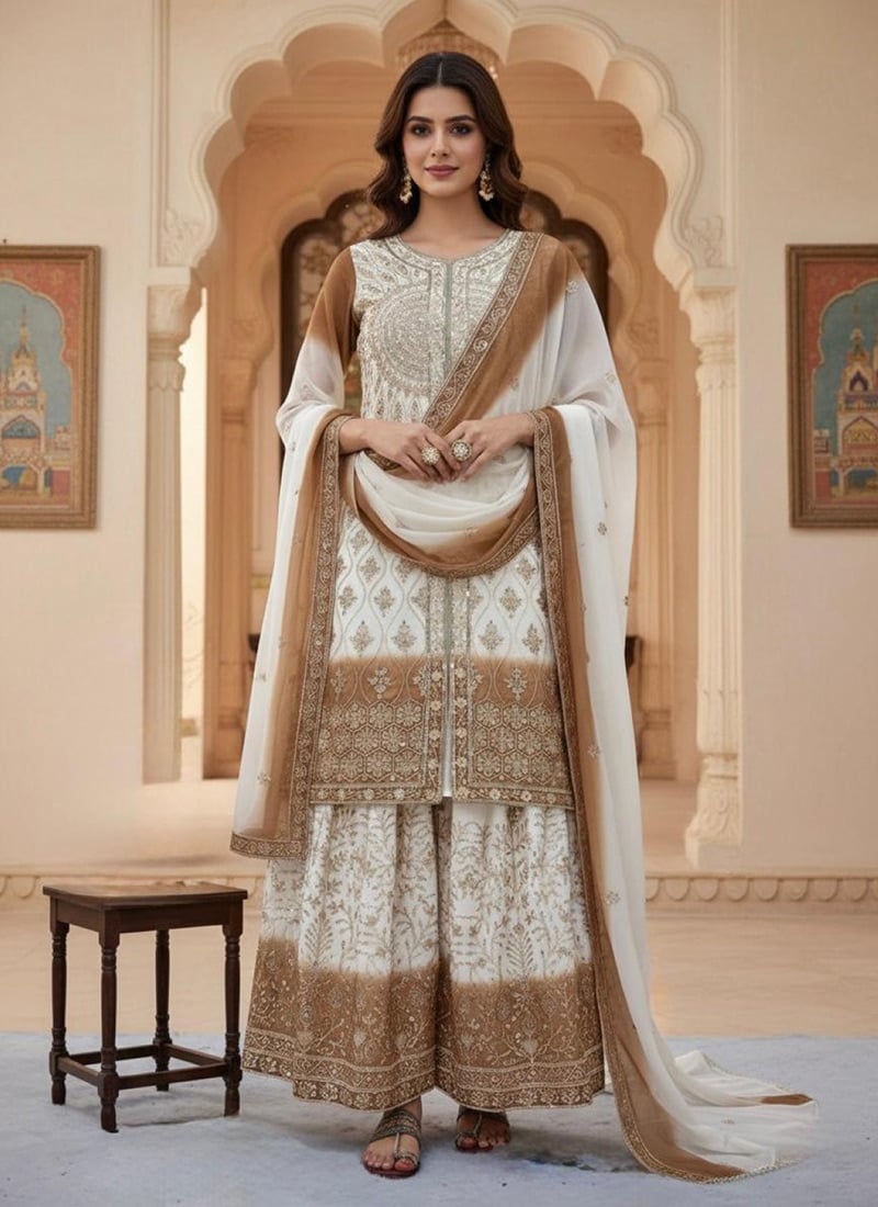 Graceful White and Brown Faux Georgette Embroidered Sequins Palazzo Suit Festive Wear