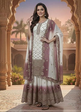 Graceful White And Purple Faux Georgette Embroidered Sequins Palazzo Suit