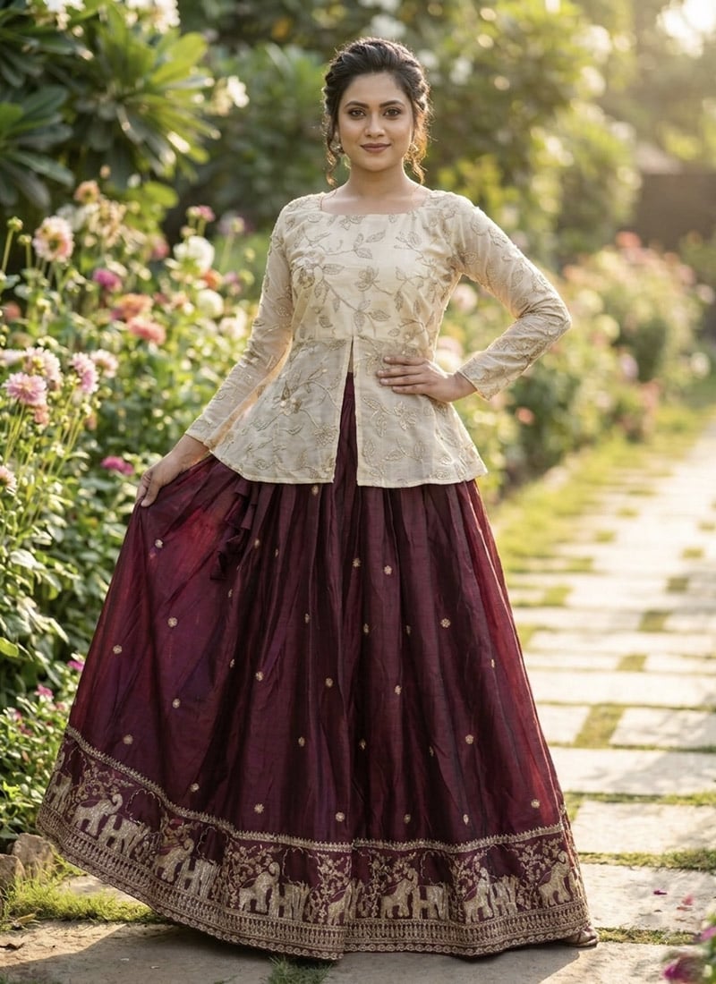 Graceful White And Wine Fandy Silk Pipe And Zari Embroidered Indowestern Set And Suit After Six Wear