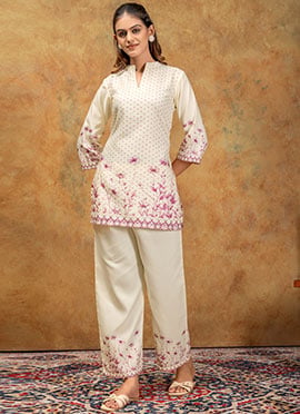Graceful White Blended Cotton Printed Cord Set