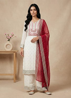 Graceful White Chinon Embroidered Sequins Palazzo Suit