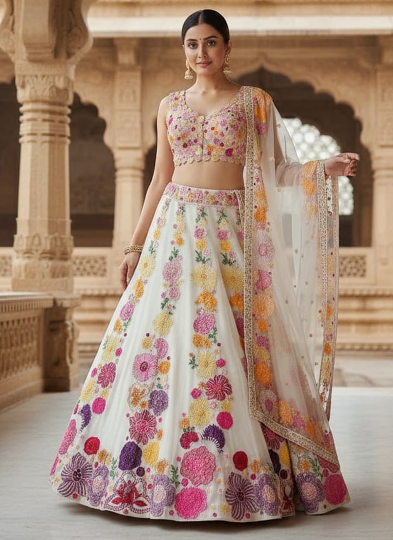 Graceful White Chinon Zari Sequins Embroidered A Line Lehenga Wedding Wear